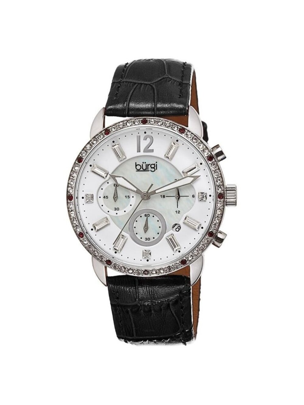 NWT Burgi Crystal Chronograph Black Leather Mother of Pearl Dial Ladies Watch